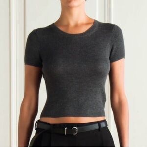 ÉTERNE Baby Tee cropped ribbed cashmere T-shirt charcoal‎ grey size l/xl